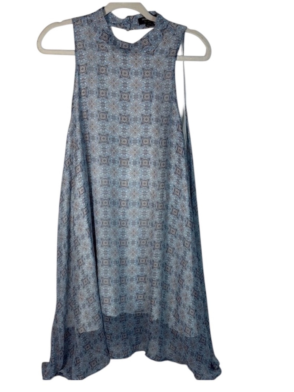 Flowy Blue Geometric Print Sleeveless Shift Dress High Neck Boho Midi sz L